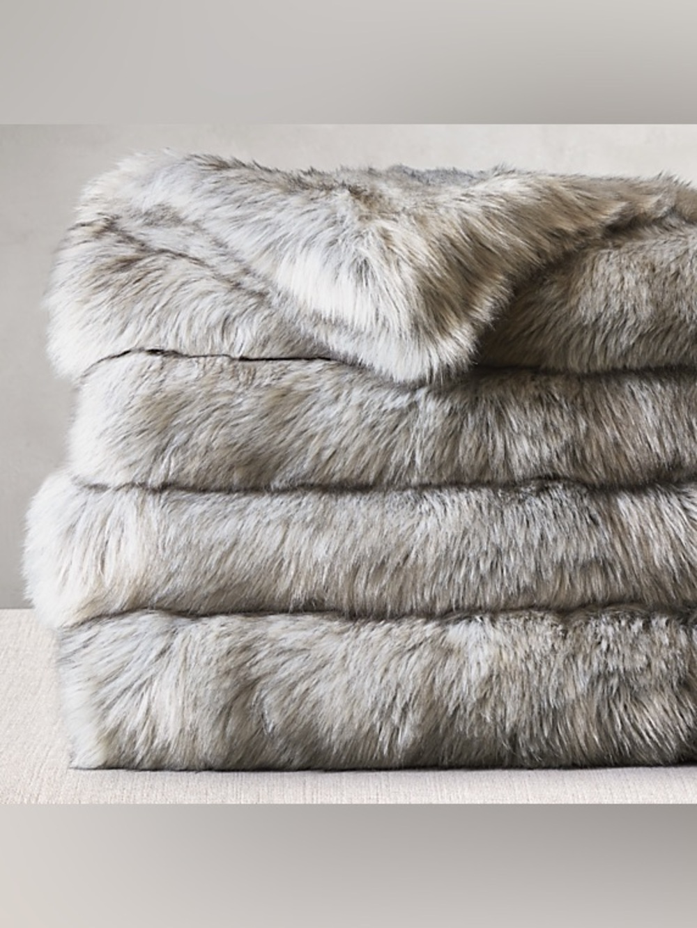 Restoration Hardware RH Ultimate Faux Fur Plush Throw Blanket In Grey Wolf 60x80